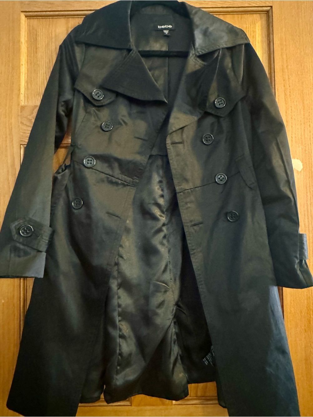 bebe Black Double-Breasted Trench Coat with Classic Lapel
